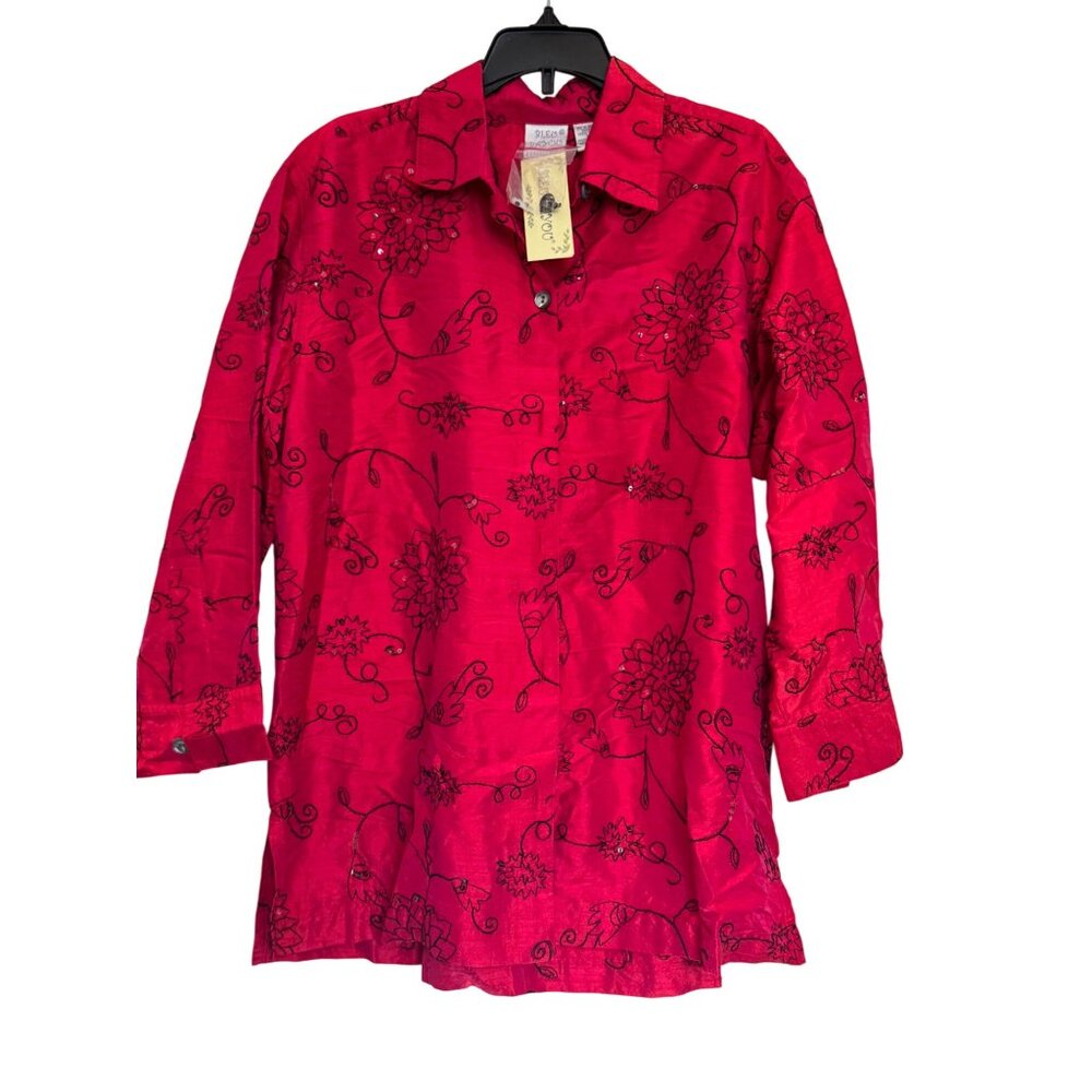 Bleu Bayou Dupioni Silk Womens Red Floral Tunic Shirt Size M Hand Embroidered